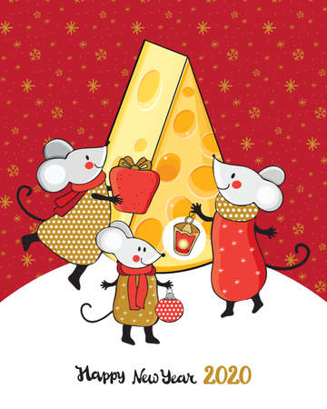New year and Christmas greeting card in vector. Cute cartoon mouse next to the Christmas tree made of cheese. Funny and happy new year mice red, gold and silver. Chinese symbol 2020 new year. Doodle. Hand drawnのイラスト素材