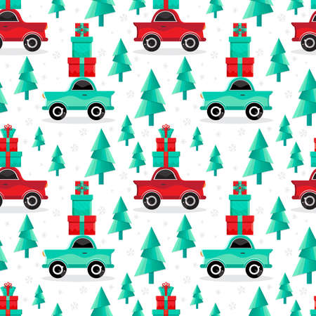 Seamless pattern red and green cars carries gifts in vector. Christmas and new year background. Cartoon toy car. Flat design vector festive holiday design element. Christmas shopping. Transport.のイラスト素材