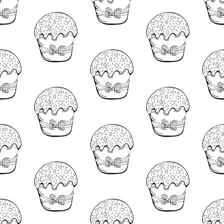Seamless pattern Easter cake or Easter sweet bread or Paska isolated on white background. Festive baking art line style. Easter food. Traditional orthodox food. Hand drawn vector illustration. Doodleのイラスト素材