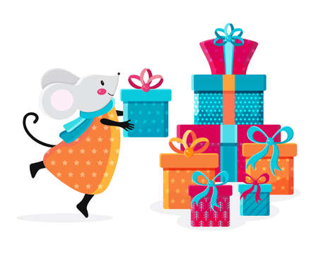 Cute kawaii mouse next to a bunch of gifts. Funny rat holding a gift box. Christmas and new year card or banner. Children illustration flat vector. Holiday stack colorful gift box. Symbol 2020のイラスト素材
