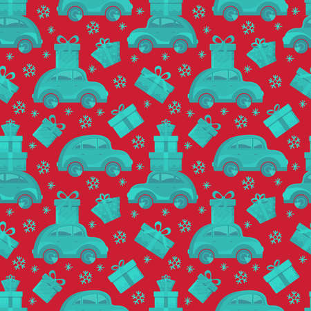 Seamless pattern car carries gifts on red background in vector. Christmas and new year background. Cartoon toy car. Flat design vector festive holiday design element. Christmas shopping. Transport.のイラスト素材