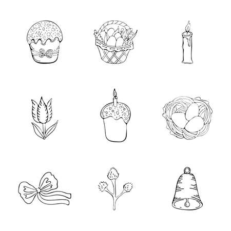 Set of Easter icons in black and white line. Drawing with a line in a vector. Holiday collection. Easter cake, Easter basket, candle, Tulip, nest with Easter eggs, bow, willow, bell. Doodleのイラスト素材