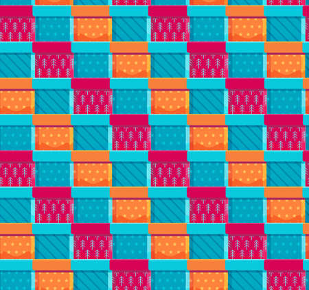 Seamless pattern different gift boxes in flat vector. Collection for Christmas, birthday and holidays. Christmas and new year background. Present box with bow. Cartoon design. Colorful illustrationのイラスト素材