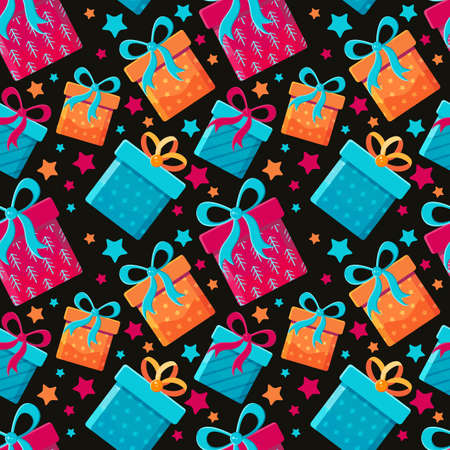 Seamless pattern different gift boxes in flat vector. Collection for Christmas, birthday and...