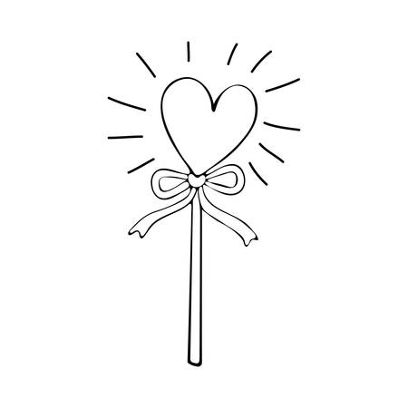 Figure gingerbread on a stick with a bow in the shape of a heart. Black and white contour doodle element illustration, vector for Valentine's Day. Heart shape lollipop pop art. Love sweet candy.のイラスト素材