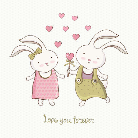 Valentine's day greeting card, Declaration of love. Cute cartoon Bunny boy gives heart to girl. A happy little Bunny. Vintage hand drawn style. Cute funny animals in vector. Children animals.のイラスト素材
