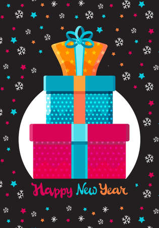 Christmas and new year card in flat vector. Big pile of colorful wrapped gift boxes. Mountain gifts. Beautiful present box with overwhelming bow. Gift box icon. Gift symbol. Christmas gift box.のイラスト素材