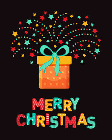 Christmas and new year card in flat vector. Beautiful present box with bow and text merry Christmas on white background. Funny holiday design for congratulations. Cute baby style. Fireworks of stars.のイラスト素材