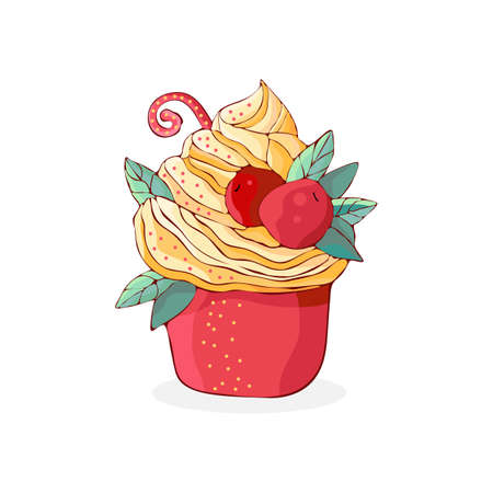 Cartoon cakes in vector. Hand drawn dessert in vintage style. Cap cake with cream and cherry. Sweet food isolated on white background. Design element for decoration of confectionery, coffee shop.のイラスト素材
