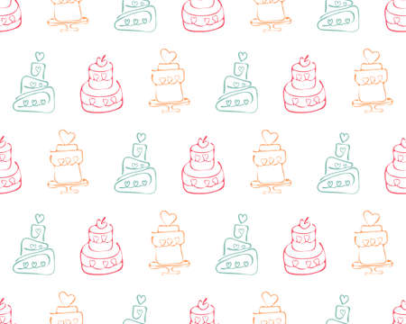 Seamless pattern of sweet desserts in vector. Piece of cake, tiered cake, pudding. Hand drawn colored background with Doodle elements on the theme of sweet pastries. For decoration, Wallpaper, wrapperのイラスト素材