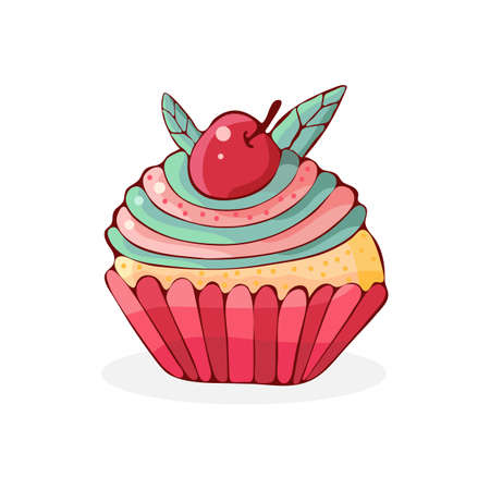 Cartoon cakes in vector. Hand drawn dessert in vintage style. Cap cake with cream and cherry. Sweet food isolated on white background. Design element for decoration of confectionery, coffee shop.のイラスト素材