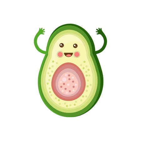 Funny happy smiling avocado. Vector flat. Isolated on white background. The concept of a healthy lifestyle. Cute exotic fruit. Kawaii cartoon character. Children's illustration.のイラスト素材