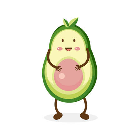 Funny happy smiling avocado. Vector flat. Isolated on white background. The concept of a healthy lifestyle. Cute exotic fruit. Kawaii cartoon character. Children's illustration.のイラスト素材