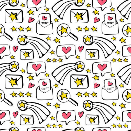 Seamless pattern concept customer feedback, positive review. High rating in application. Hand drawn doodle background. Online service evaluation. Smartphone, rank, email, heart, rating scale stars.のイラスト素材