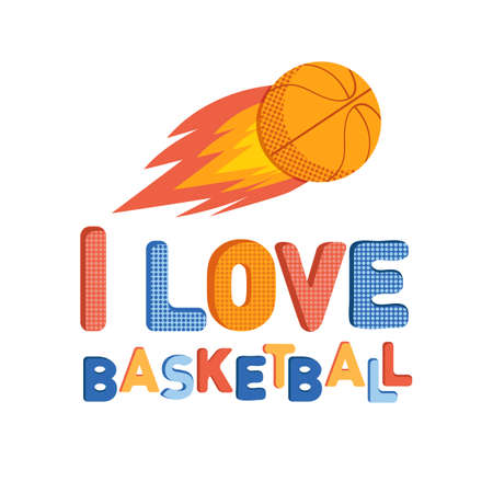 I love basketball. Logo on the theme of basketball. Flying basketball ball and bright colored lettering. Flat vector. Colorful cartoon illustration on the theme of sports.のイラスト素材