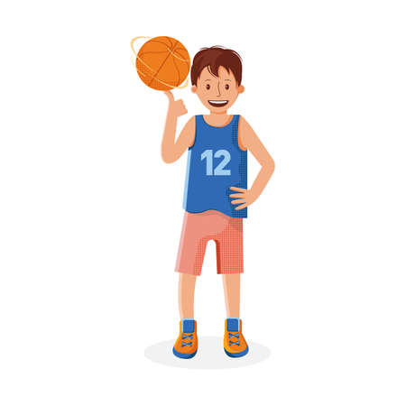 Boy basketball player with the ball. Small child plays basketball. Colorful cartoon illustration in flat vector. Children's sport. Sports team games. Healthy Lifestyle. Child throws the ball.のイラスト素材