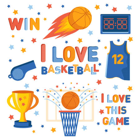 Set of sports icons in flat vector. Sports basketball symbols and accessories isolated on white background. Athletic court champion concept basketball equipment. Collection of cartoon professions.のイラスト素材