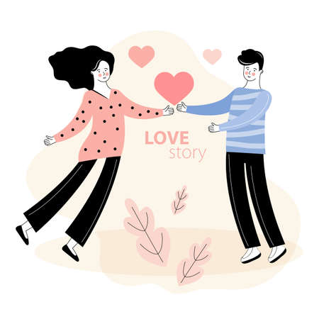 A man gives heart to a woman. Romantic date. Love story, relationship. Design concept for Valentines Day and other users. Hand drawn illustration for 14 February greeting card. Happy couples in loveのイラスト素材