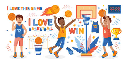 Sports set on the theme of basketball. Athletes and various attributes for basketball in flat vector. Cartoon illustration in children s style. Sports lifestyle. Poster design concept, sticker, labelのイラスト素材