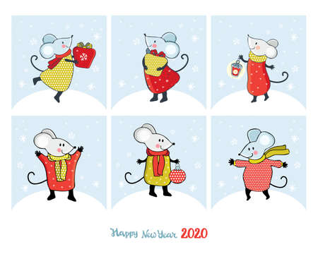 Set of Christmas cards and banners with cute cartoon mice in vector. Funny and happy new year mouse. Hand drawn text Happy New year. Chinese symbol 2020 new year. Christmas decoration.のイラスト素材