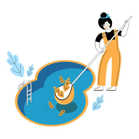 Swimming pool service worker with net cleaning water. Outdoor cleaning, swimming pool service, cleaning company concept. Woman removes leaves from the surface of the water. Vector illustration.のイラスト素材