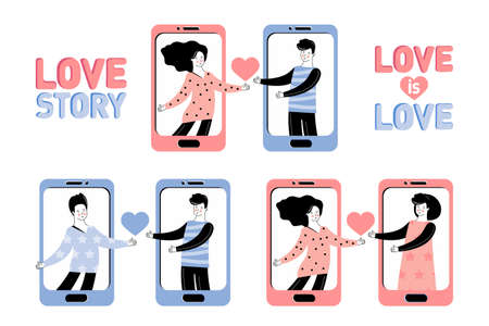 Concept of romantic and loving relationships between couples of different sexes. Virtual relationships man and woman, gay and lesbian couple. People communicate on the Internet.のイラスト素材