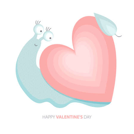 Funny cartoon snail with a house in the shape of a heart. A cute animal with a pink heart. Happy Valentine s day. Greeting card or banner for Valentine s day. Cheerful little snail in vector. Love.のイラスト素材