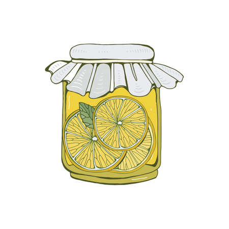 Glass jar with lemon jam on white background in vector. Home canning and food preparation. The summer harvest. Hand drawn illustration. Fruit jam. Healthy food and vitamins.のイラスト素材