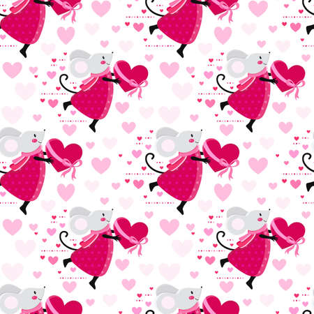 Seamless pattern for Valentine s day. Funny mouse holding pink heart on white background. Romantic background with pink hearts. Cute kawaii style for holiday decoration paper, textile. Cartoonのイラスト素材