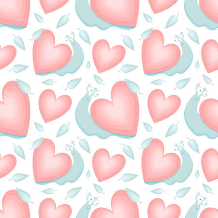 Seamless pattern for Valentine s day. Funny cartoon snail with a house in the shape of a heart. A cute cartoon animal in vector. Romantic pastel background with heart. Cheerful little snail.のイラスト素材