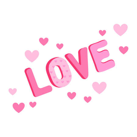 LOVE Happy Valentines day card. Lettering love surrounded by pink hearts. Greeting card or banner for Valentine s day.のイラスト素材