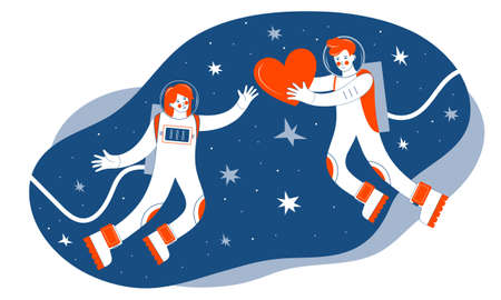 Two astronauts in outer space. A man gives a red heart to a woman among the stars.. Greeting card or banner for Valentine s day. The trending colors Lush Lava and Bluest Blues. Cosmic love. Cosmonautのイラスト素材
