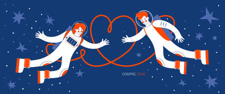 Horizontal banner for websites, landing pages and cards for Valentine s day. Astronauts fly in outer space among the stars. Man and woman on the background of a red heart. Cosmic love. Flat vectorのイラスト素材