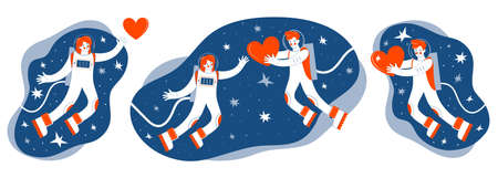 Set of illustrations on the theme of space. Astronauts fly in outer space among the stars. A man gives his heart to a woman. ard or banner for Valentine s day. Cosmic love. Colors are red and blueのイラスト素材