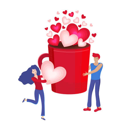 Happy Valentine s day. Young man and a woman make coffee together. Red mug with hot chocolate or cocoa with pink hearts. Woman holds a heart in her hands. Vector flat illustration. Romantic and loveのイラスト素材