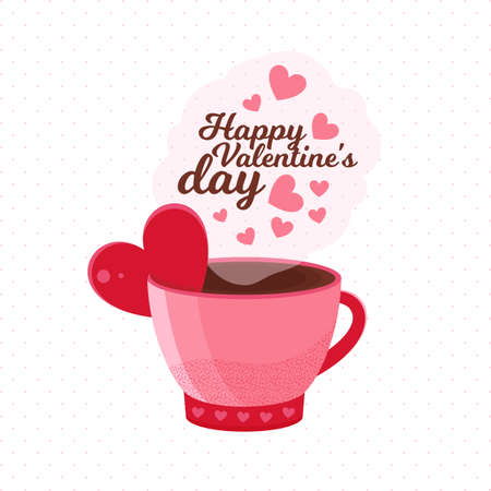 Pink mug with hot chocolate, coffee or cocoa and a red heart. Space for text with the inscription happy Valentine s day. Postcard or banner for Valentine s day. Cute cartoon. Warming drink in winter.のイラスト素材