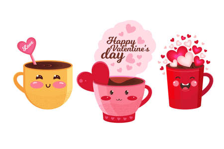 Set of funny mugs in vector. Hot chocolate, coffee, cocoa or tea with pink and red hearts. Banner or greeting card for Valentine s Day. Cute kawaii character. Cartoon vector illustration. Flat vectorのイラスト素材