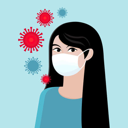 Asian woman in a protective medical mask on a blue background and virus molecules.のイラスト素材