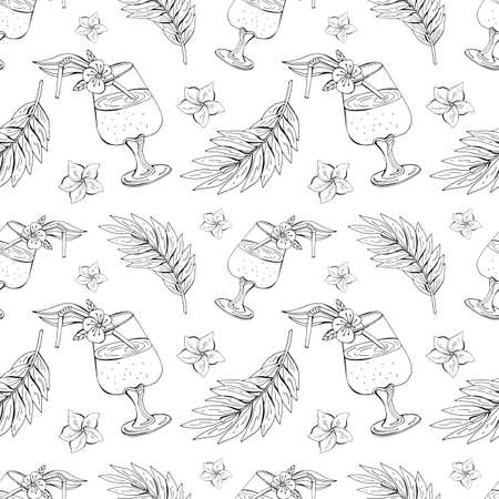 Seamless summer pattern in vector. Black and white background of cocktail, leaves and flowers. Summer drink. Hand drawn vintage style. A monochrome sketch.のイラスト素材
