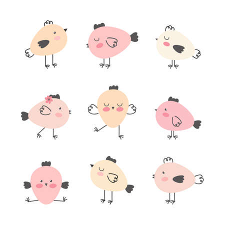 Set of cute cartoon Easter chickens in various poses isolated on a white background. Collection of Easter elements for spring holiday design. Vector hand drawn illustration. Pastel paletteのイラスト素材
