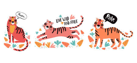 Set funny tigers in tropical leaves. Flat vector illustration. Wild exotic animals. Cute animal cartoon character idea for child printable stuff and t shirt, greeting card, nursery wall art, stickerのイラスト素材