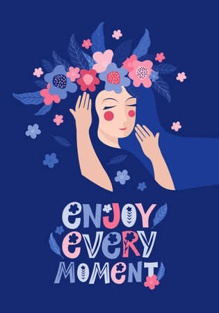Portrait of a beautiful woman in a wreath of flowers close-up. Vertical greeting card or banner for happy women s day. Spring vector illustration. Dreamy girl on a dark blue background with letteringのイラスト素材