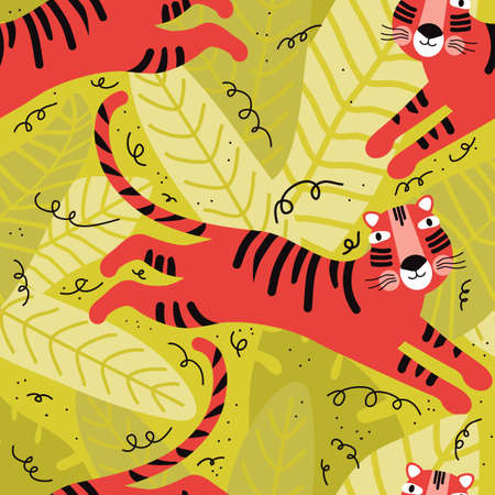 Seamless pattern cute tiger in the jungle. Funny cartoon character wild animal. Background cute wild cats in tropical leaves. Scandinavian style flat design. Rainforest, savannah animal. Zoo, safariのイラスト素材