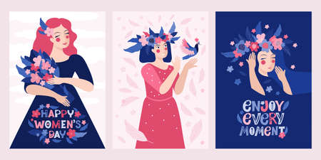 Spring vertical greeting card or banner for a happy women s day. Romantic women against a pink sky with handwritten lettering. Vector flat illustration for March 8. Beautiful female images in close-upのイラスト素材