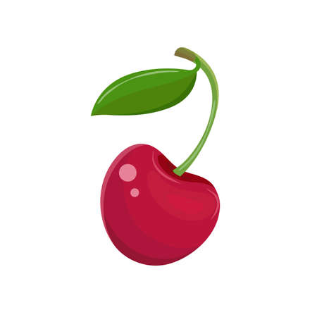 Red cherry in a vector on a white background. Garden berry with a leaf on the stem. Sweet fruit. Berry icon. Hand drawn vector illustration.のイラスト素材