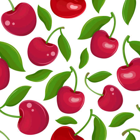 Seamless pattern of red cherries on a white background. Garden berry with a leaf on the stem. Sweet...