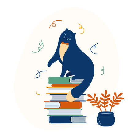 Smart kitten is a literary fan. Funny cartoon cat sits on a stack of books. Hand drawn happy animal character. Cat likes to read. Favorite pet is learning. Scandinavian vector flet illustrationのイラスト素材