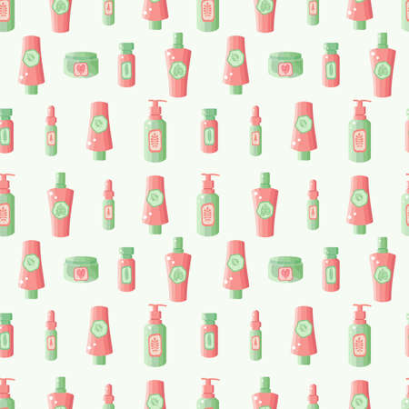 Seamless pattern of face and body cosmetics in vector. Cosmetics from plants and herbs. Background natural herbal organic cosmetic. Skin care. Spa eco product. Design for of beauty salons and storesのイラスト素材