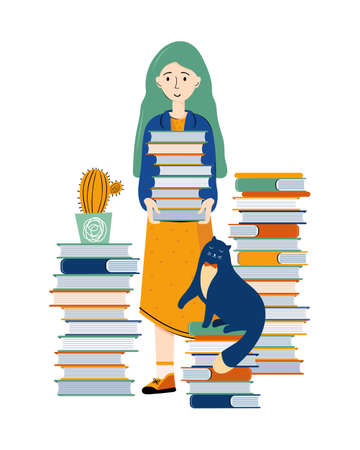 Literary fan. Smart young woman holds a large stack of books in her hands. Lovers of literature. Girl student with books. Drawn cartoon character in vector. Scandinavian flat illustrationのイラスト素材