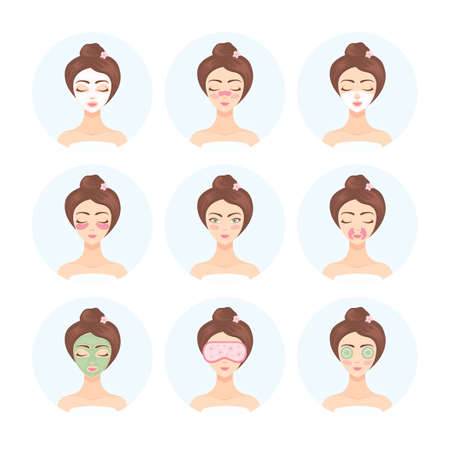 Set of cosmetic procedures for face and eye care. Woman takes care of her face with the help of...